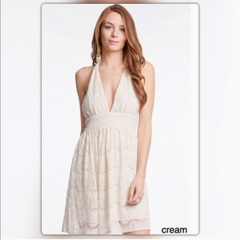 Eyelet Cream Plunging Front Backless Lace Dress
